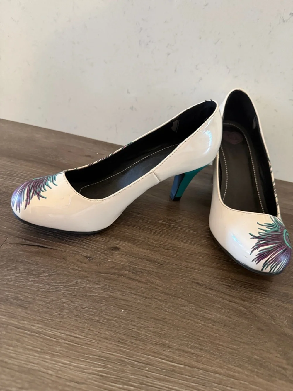 White Heels with Teal & Purple Peacock Feather Accent - Picture 8 of 9